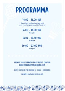 Programma Uitnodiging Jubileum 50 jaar badminton NIjeveen